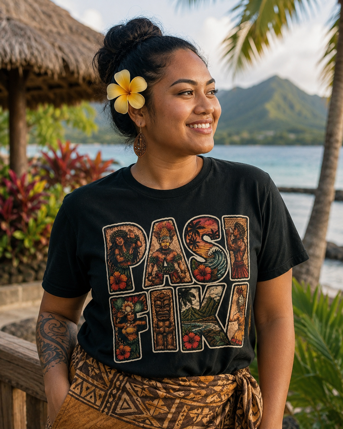 Woman wearing black Pasifika art-fill graphic crew-neck t-shirt with tropical ocean background