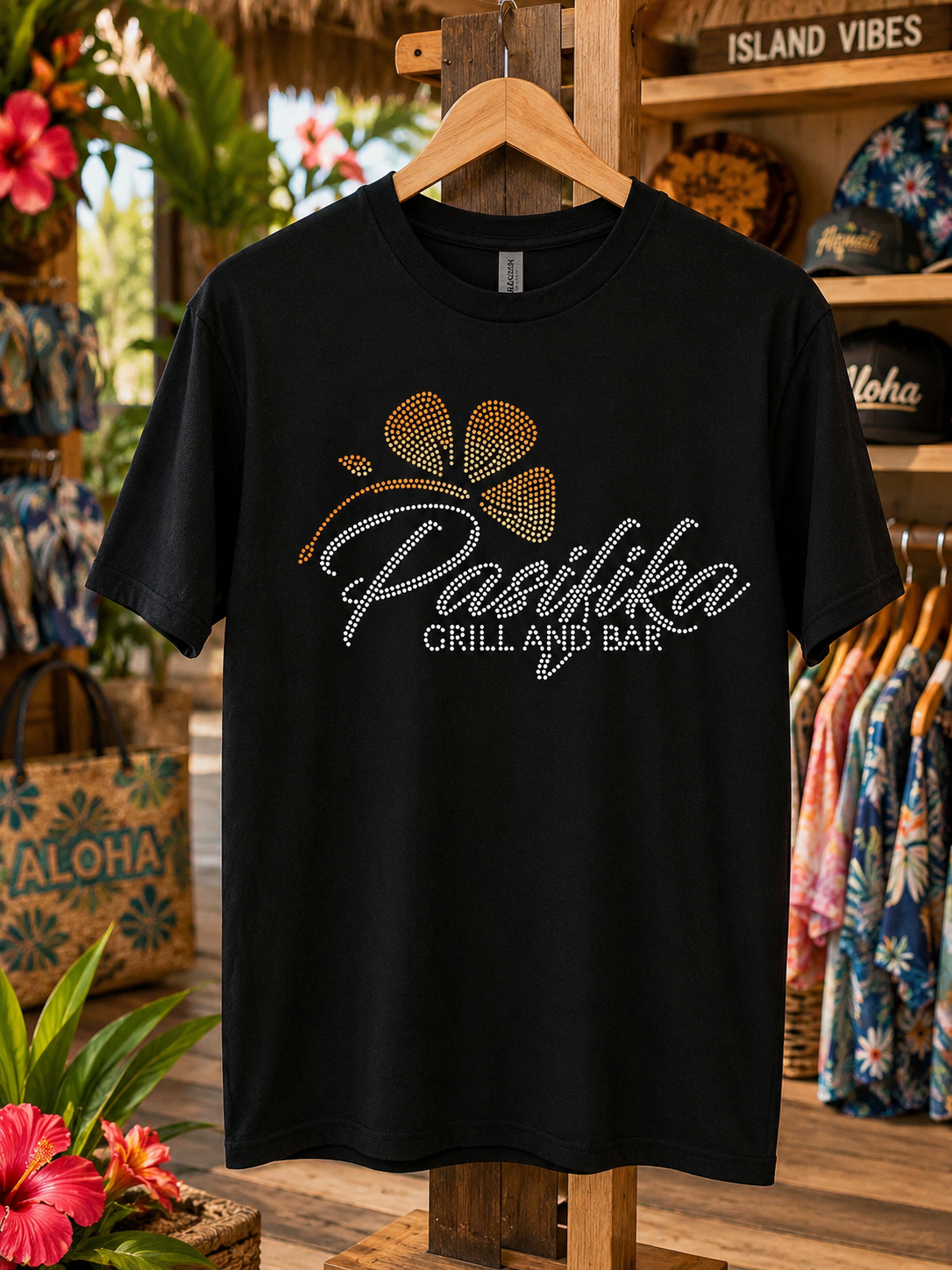 Pasifika Grill and Bar black rhinestone crew-neck t-shirt on hanger in tropical shop setting