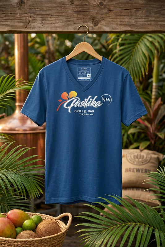 Pasifika NW Grill & Bar blue v-neck t-shirt on hanger - front view close up